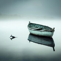 Poster - An empty boat gently floats on a calm lake at dawn embracing the serenity of morning light