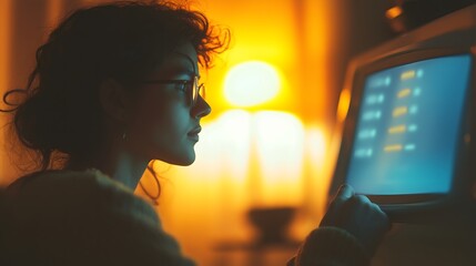 Woman Using Vintage Computer in Warm Light
