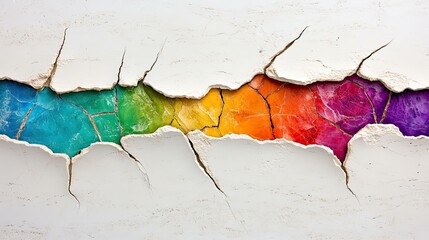 Wall Mural - A crack in a white wall revealing a rainbow of colors underneath