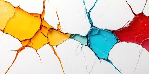 Wall Mural - Abstract art of yellow, blue, and red paint splattered and cracked on a white background