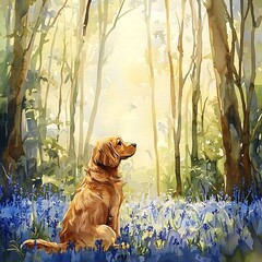 Sticker - Golden Retriever Sitting in a Field of Bluebells.