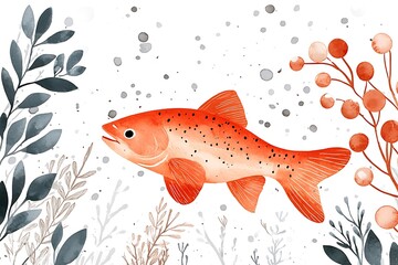 Wall Mural - Watercolor Illustration of a Red Fish Surrounded by  Delicate Branches and Berries.