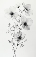 Poster - Delicate black and white floral illustration featuring a cluster of elegant flowers with intricate details and subtle leaves, perfect for decor.