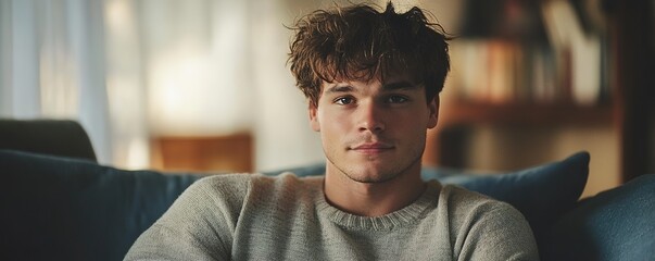 Young man relaxing at home on blue sofa