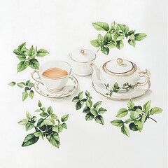 Wall Mural - Watercolor Illustration of Tea Set with Green Leaves.