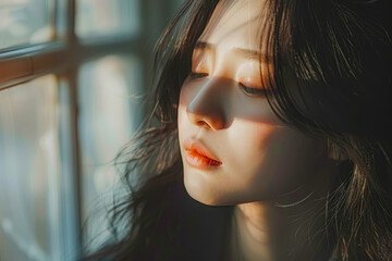Poster - A woman is captured in a serene moment, bathed in the soft, natural light streaming through a window, exuding peacefulness and grace.