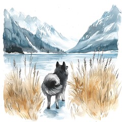 Wall Mural - Watercolor Illustration of a Dog by a Mountain Lake.