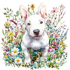 Canvas Print - White Puppy in a Field of Flowers.