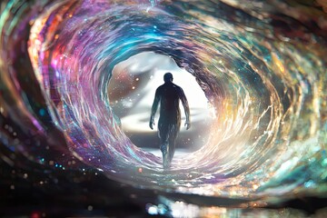 Poster - A solitary figure walks through a vibrant cosmic tunnel filled with colors and light. Generative AI