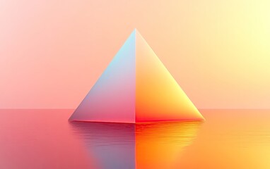 Poster - A colorful geometric pyramid reflecting on a calm surface, with gradients of orange and pink creating a tranquil atmosphere.