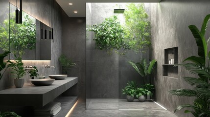 Wall Mural - Modern bathroom with greenery, natural light, and minimalist design.