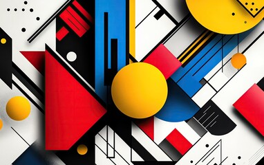 Poster - Abstract geometric design featuring vibrant red, blue, yellow shapes and lines on a white background, perfect for modern art and wallpaper.