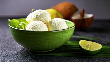 Refreshing coconut ice cream served in a green bowl with fresh lime and mint, creating a tropical dessert presentation.