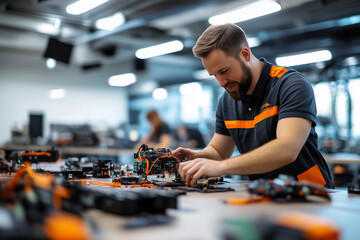 Poster - A man skillfully assembles electronic parts in a well-equipped workshop, focused and dedicated