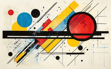 Poster - Colorful geometric abstract art with circles, lines, and vibrant shapes on a textured background, perfect for modern decor and creative projects.