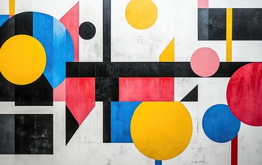 Poster - Abstract mural featuring colorful geometric shapes on a textured surface, showcasing a vibrant and modern aesthetic that enhances any interior space.