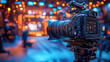© Bolbik - Close-up of a professional video camera capturing a vibrant street scene with bokeh lights in the background, emphasizing the focus on equipment and cinematic style