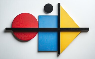 Poster - Colorful geometric shapes arranged in a modern, abstract design against a white background, showcasing vibrant circles, squares, and triangles.