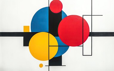 Poster - Abstract geometric composition featuring bold circles and lines in vibrant colors on a white background, perfect for modern design projects.