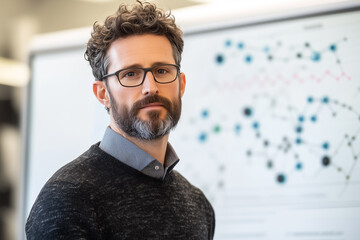 Poster - A man with curly hair and glasses analyzes data behind him, highlighting insights in a professional setting