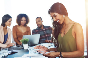 Poster - Business people, meeting and woman on tablet in office for online planning, teamwork and collaboration. Startup, professional and people on digital tech for project feedback, research and website