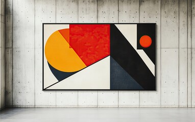 Poster - Abstract geometric painting displayed on a concrete wall, featuring vibrant colors and bold shapes, creating a modern artistic ambiance.