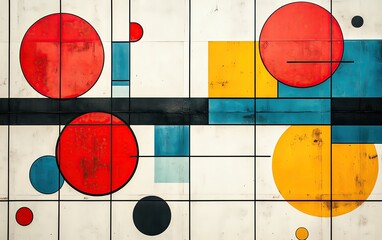 Poster - Abstract geometric composition featuring vibrant circles and rectangles in red, yellow, and blue on a textured background.