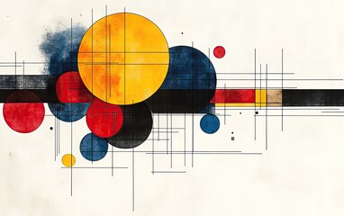 Poster - A vibrant abstract composition featuring colorful circles and geometric lines on a textured background, perfect for modern design projects.