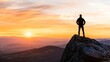 © sch_ai - Silhouette of a businessman standing at the top of a mountain sunrise in the background glowing orange sky wide angle shot symbolizing the pinnacle of business success