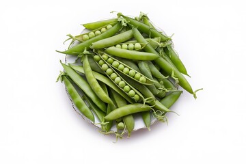 A white plate filled with fresh green peas in their pods