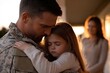 © Milos - A soldier dressed in uniform embraces his young daughter tightly in a heartfelt moment, set against the warm glow of a sunset, illustrating love and reunion.