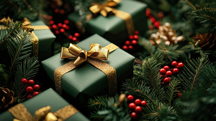 Poster - A collection of beautifully wrapped green Christmas presents adorned with gold ribbons, surrounded by pine branches and berries