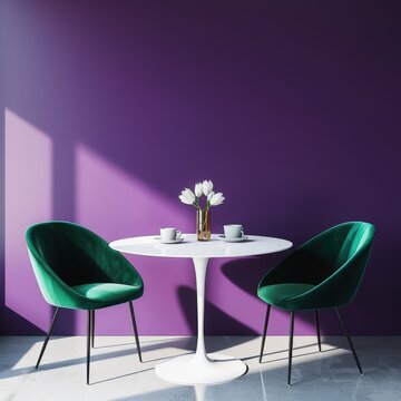 A modern dining room interior with a white table. two green velvet chairs and a purple wall The room has a large window and a potted plant