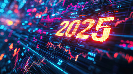 Poster - A vibrant digital background illustrates the year 2025 with glowing market data trends and statistics in neon colors