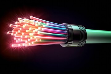 Poster - Colorful fiber optic cables emitting light in a dark background setting