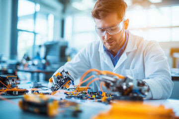 Poster - A technician focuses intently on assembling electronic components in a lab, utilizing robotic hands for intricate work