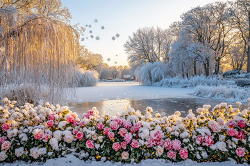 Poster - A tranquil lake scene features pink roses in the foreground, surrounded by snow-covered trees under a clear winter sky