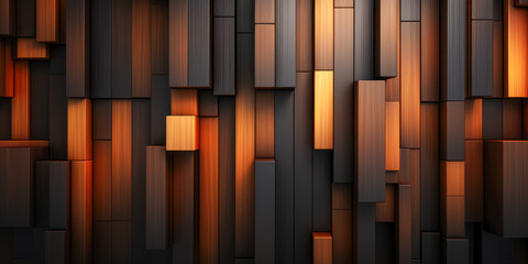 Poster - An array of cascading geometric wooden blocks highlighted by warm lighting forms a visually captivating and complex texture.