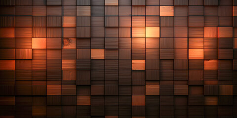 Poster - A detailed grid of wooden square tiles, illuminated by lighting accents, provides a sophisticated backdrop with a warm ambiance.