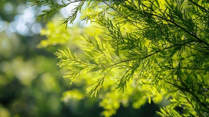 Wall Mural - Close-up of green leaves on a tree branch with sunlight shining through.