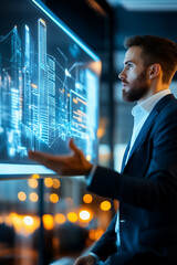 Poster - A man in a suit examines virtual data visuals, engaged in a technological discussion in an office overlooking the city