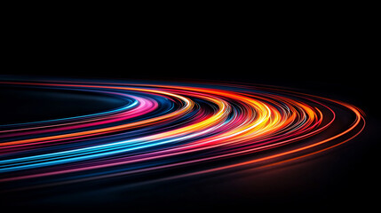 Poster - burst of colorful light trails merging together creates dynamic visual effect. vibrant hues of orange, blue, and pink swirl gracefully against dark background, evoking sense of motion and energy
