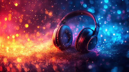 Aufkleber - Headphones rest on a shimmering surface illuminated by vibrant colored lights in a dreamy, atmospheric setting