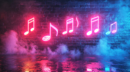 Poster - Colorful neon musical notes shine against a brick wall, while fog adds a mysterious vibe to the lively urban setting