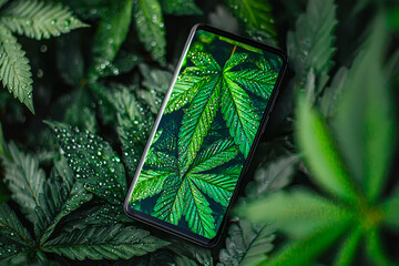 Poster - The smartphone showcases intricate patterns on green leaves while nestled among greenery, capturing the essence of nature’s beauty