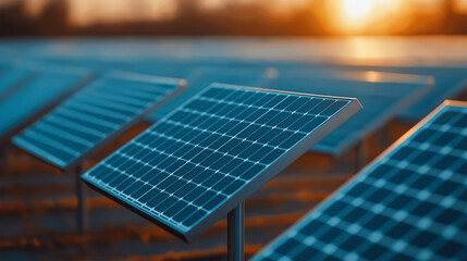 Aufkleber - solar panel installation at sunset, showcasing renewable energy technology and sustainability. panels are arranged in rows, reflecting warm light