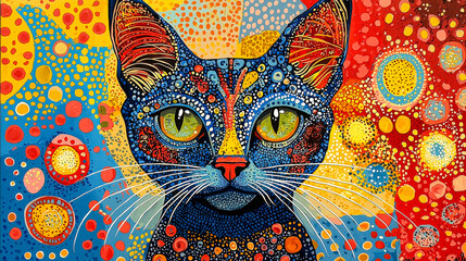 Fototapete - A whimsical cat illustration showcases intricate patterns and bright colors, capturing attention with its creative design elements