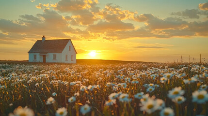 Aufkleber - A quaint white house is surrounded by a lush field of daisies as the sun sets, painting the sky with vibrant colors