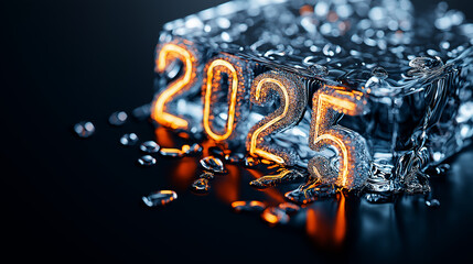 Aufkleber - Close up of sparkling ice block featuring year 2025, illuminated with warm glow. water droplets enhance visual appeal, creating festive atmosphere