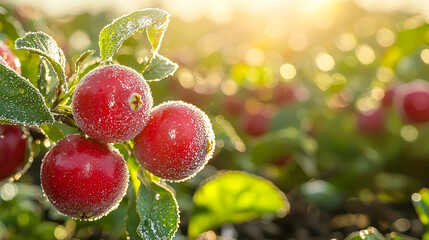Poster - Fresh red cranberries adorned with frost sparkle in the sunlight field
